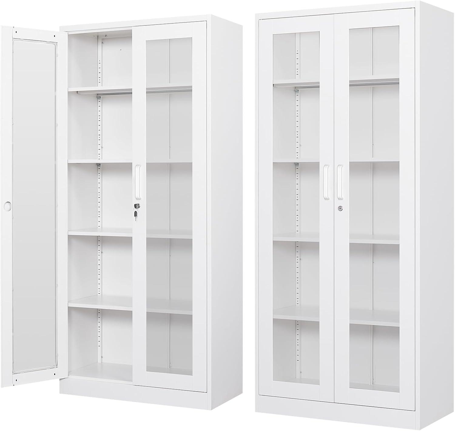 Display Cabinet With Glass Doors, Curio Cabinets With 4 Adjustable Shelves, Locking Glass Cabinet Display Case For Home, Office, Clinic, Pantry, Assemble Required
