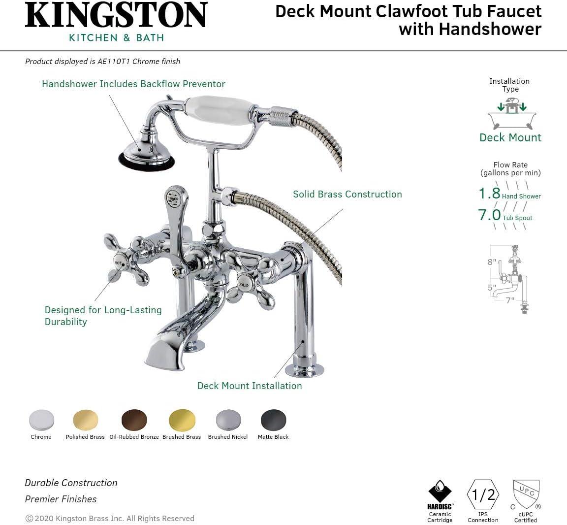 Kingston Brass Aqua Vintage Three-Handle 2-Hole Deck Mount Clawfoot Tub Faucet with Hand Shower