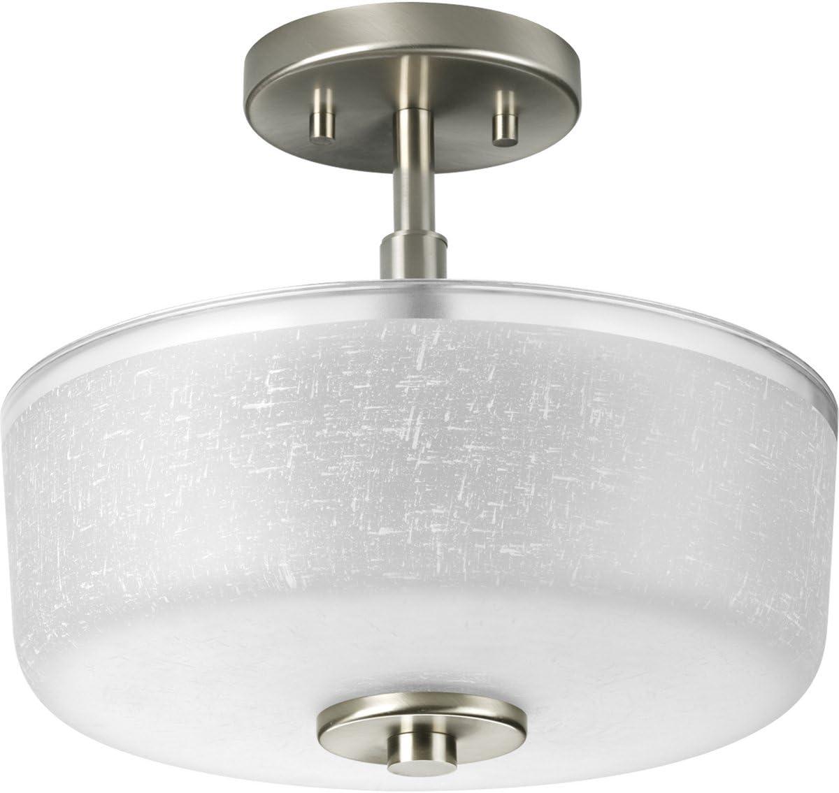 Progress Lighting, Alexa Collection, 2-Light Semi-Flush, Brushed Nickel, White Linen Finished Glass