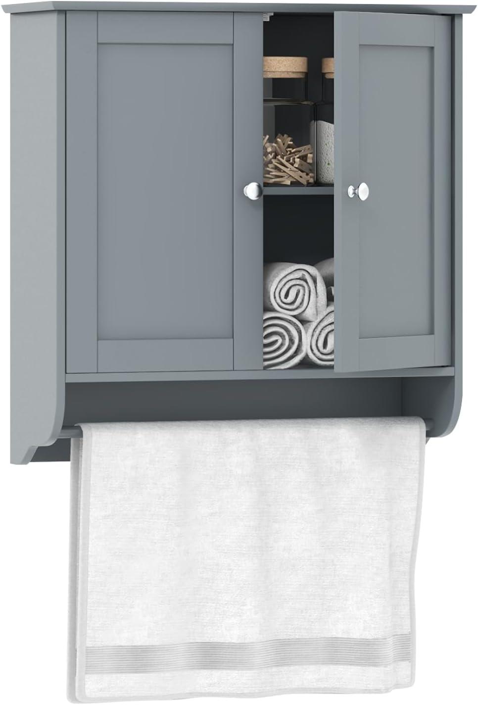 LOKO Wall Mounted Bathroom Cabinet with Towel Bar, Hanging Over The Toilet Storage Cabinet w/Adjustable Shelf, Medicine Cabinet Space-Saving Storage Organizer for Bathroom or Kitchen (Grey)