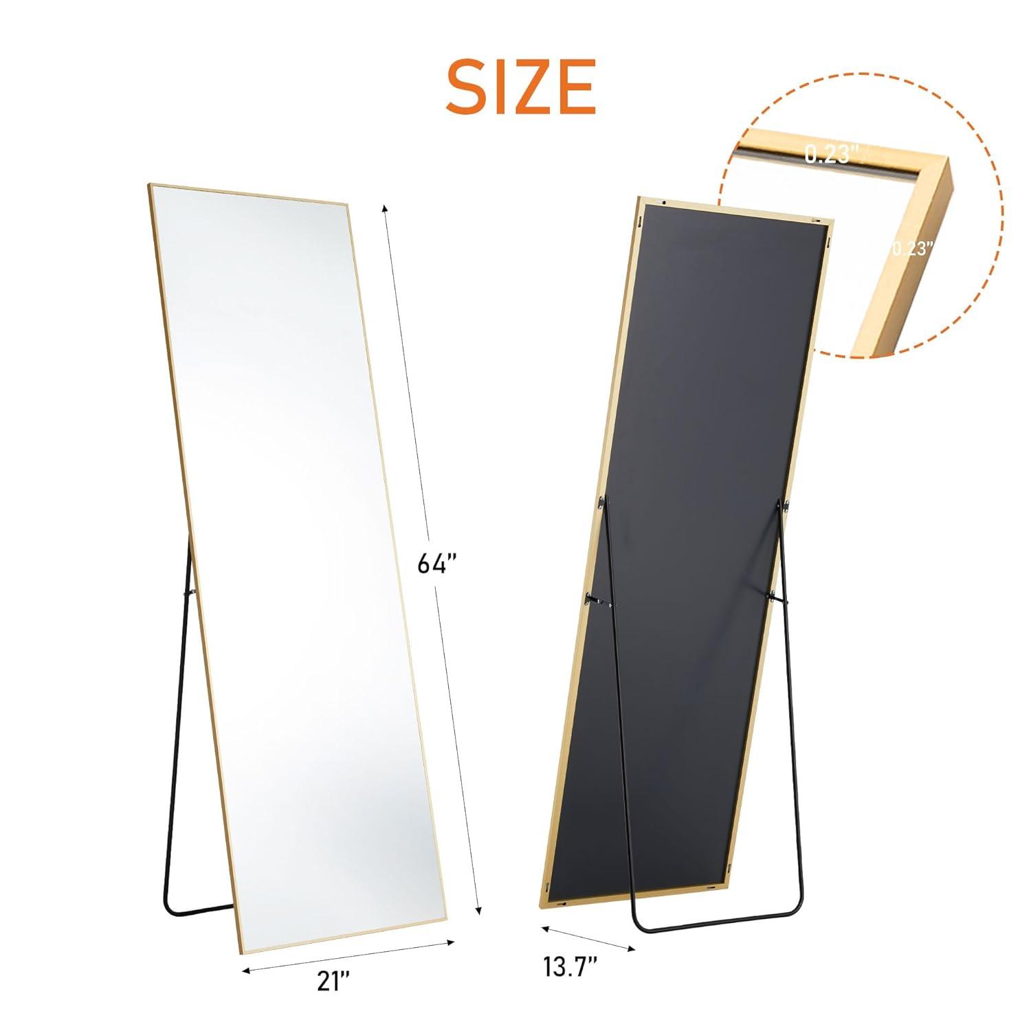 Full Length Mirror 64"x21" for Bedroom, Full Body Mirror with Stand, Hanging or Leaning for Wall, Aluminum Alloy Thin Frame Floor Standing for Living Room, Tall, Black
