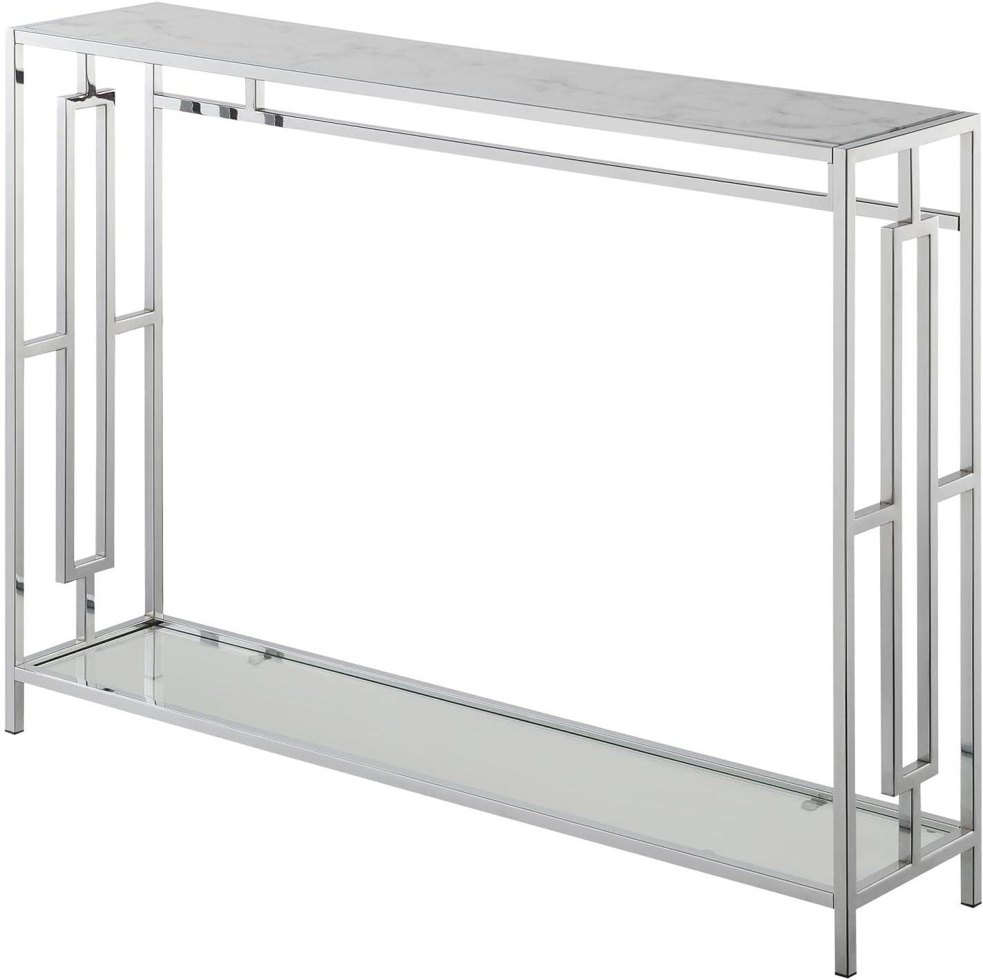 42" White Faux Marble and Chrome Console Table with Clear Glass Shelf