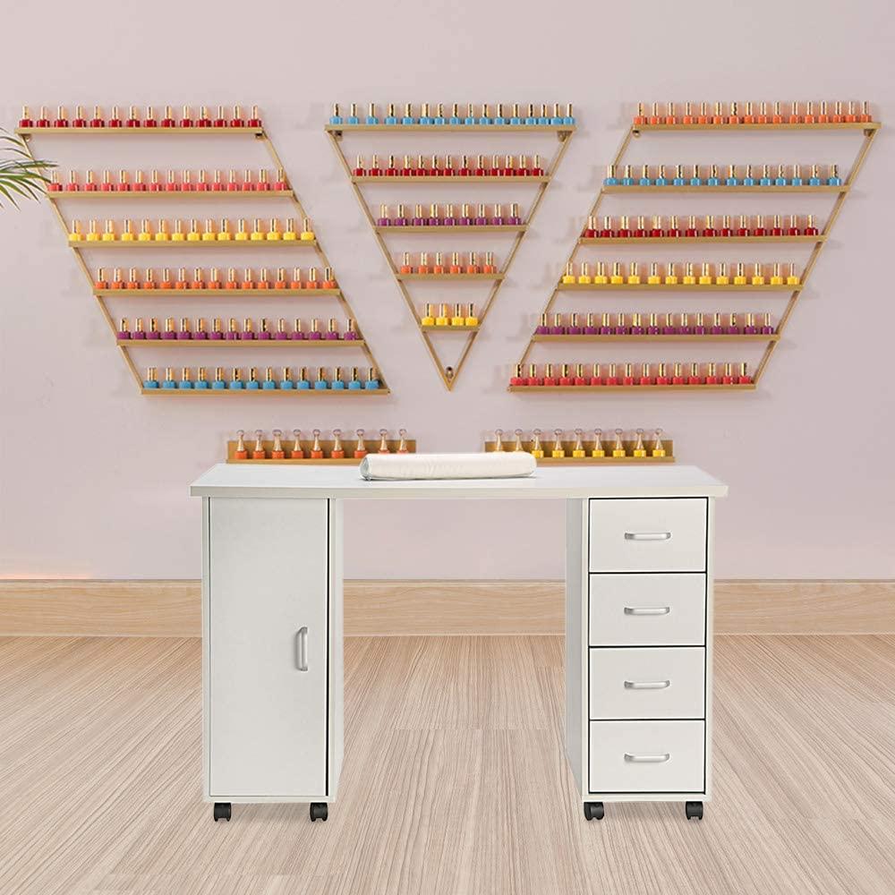 Goujxcy Rolling Nail Table Manicure Table Nail Desk Station, Beauty Salon Nail Station Desk Nail Art Equipment with 4 Drawers & Large Cabinet & Wrist Rest,White