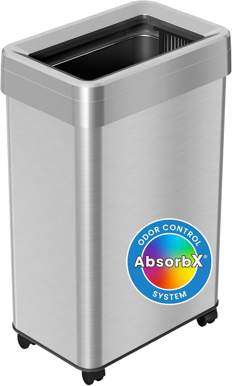 Itouchless Dual-deodorizer Open Top Trash Can With Wheels Rectangular Shape, Commercial Grade Stainless Steel, Silver