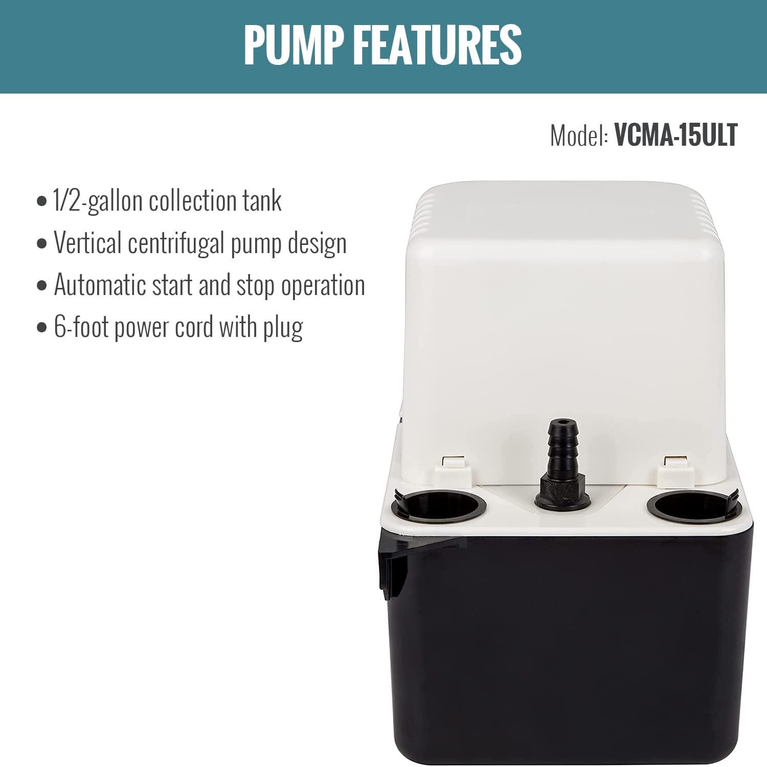 Little Giant VCMA-15ULT 115 Volt, 65 GPH, 1/50 HP Automatic Condensate Removal Pump with Tubing (no safety switch), Black/White