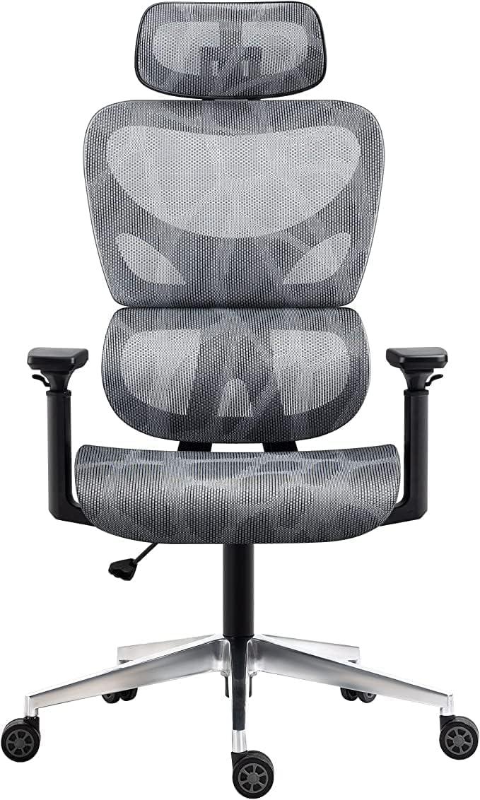 Nouhaus Ergo3D Ergonomic Office Chair Lumbar Support Mesh Office Chair with 4D Adjustable Armrest, Adjustable Headrest and Wheels, Mesh High Back Home Office Desk Chairs (Grey)