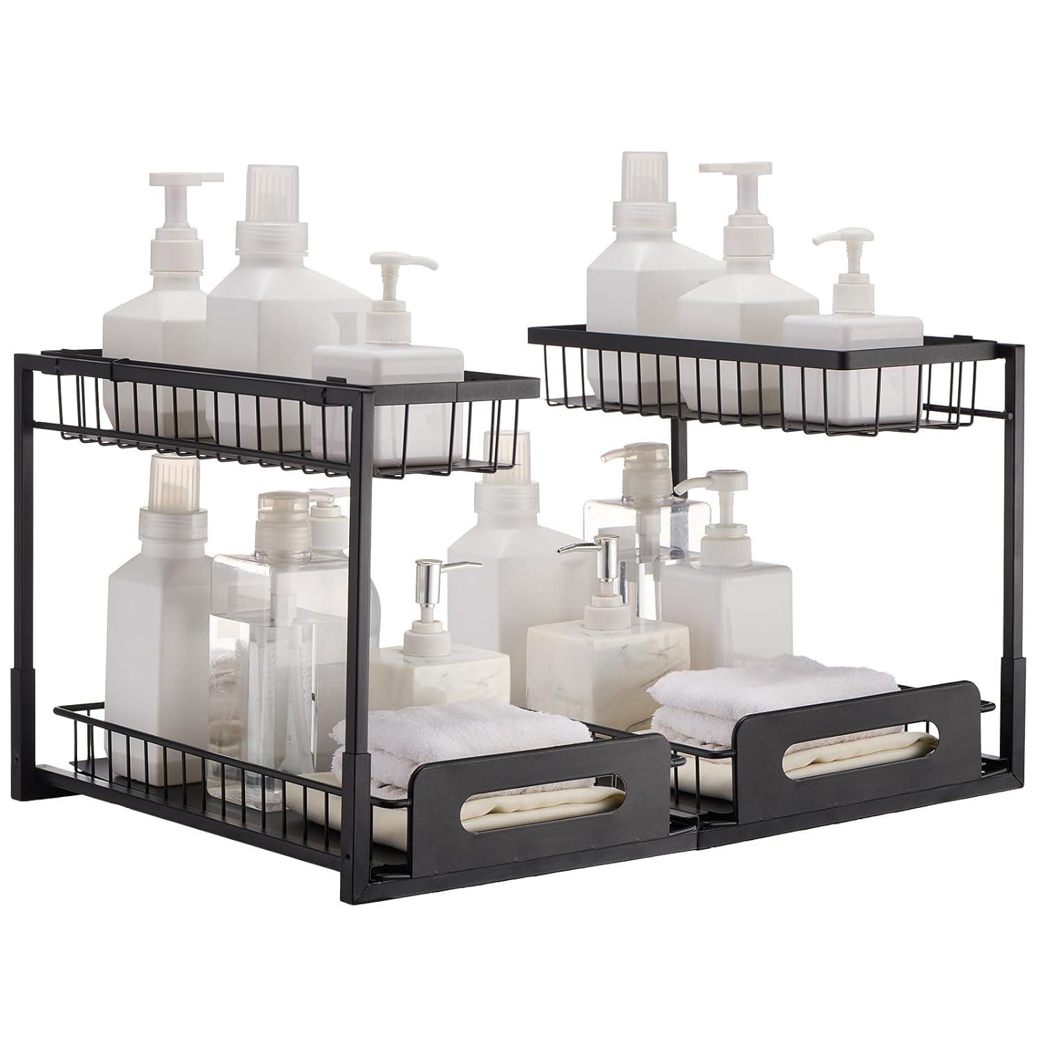 VEVOR 2 Tier Pull Out Cabinet Organizer(10.7"W x 14.2"D ), Under Sink Organizer and Storage, Slide Out Drawer Cabinet Organizer, Wire Basket Sliding Shelf for Kitchen Bathroom Cabinet, Black (2 Pack)