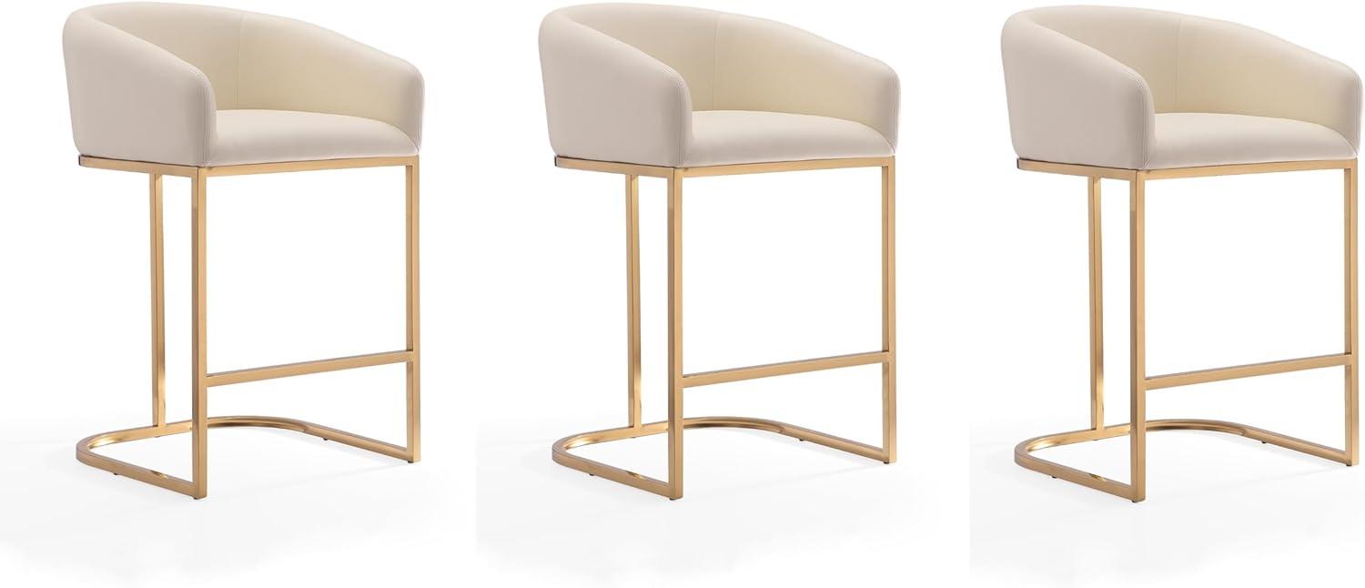 Manhattan Comfort Set of 3 Louvre Upholstered Stainless Steel Counter Height Barstools Cream: Faux Leather, Armrests, Footrest
