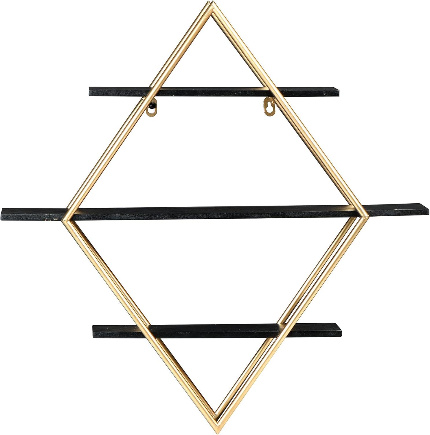 Espresso Black Wood and Gold Iron Diamond Wall Shelf, 23.5"