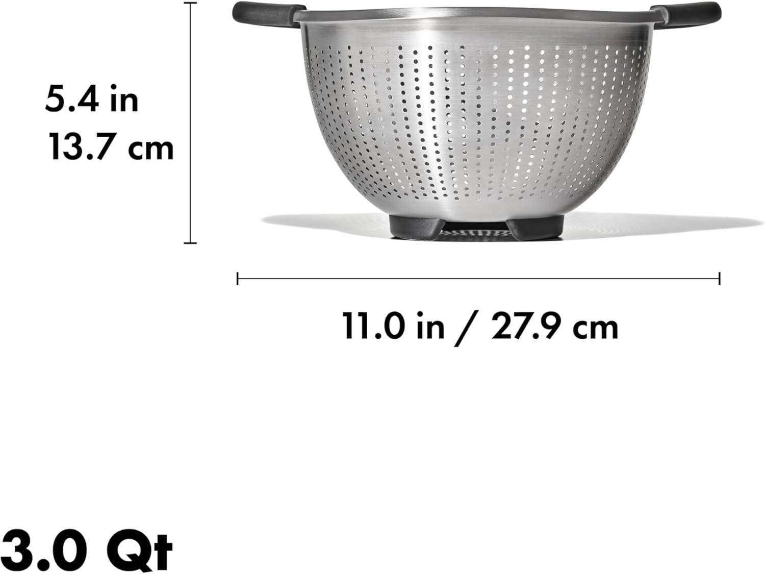 OXO 3Qt Stainless Steel Colander: Dishwasher-Safe Pasta Strainer, Light Silver, 9.6" Width, 3Qt Capacity