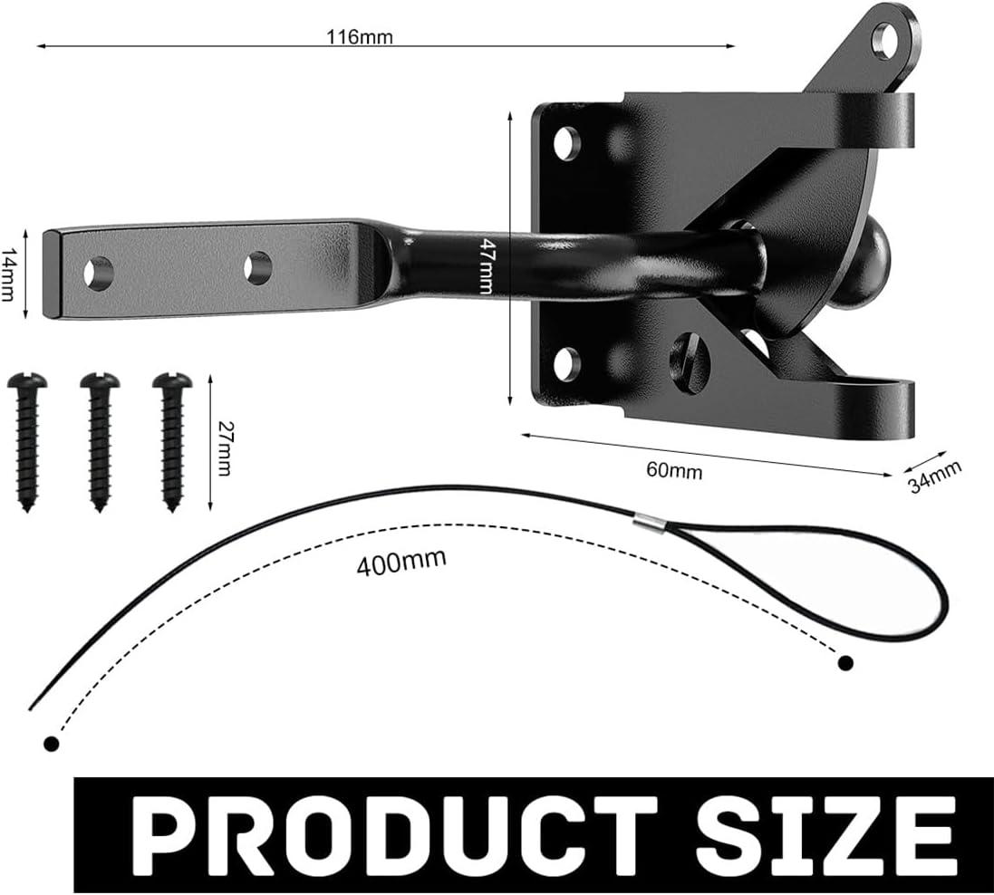 Gate Latch Automatic Gate Gravity Latch Self Locking Fence Gate Latch with Pull Cable for Wooden Fence Gates Door, Black