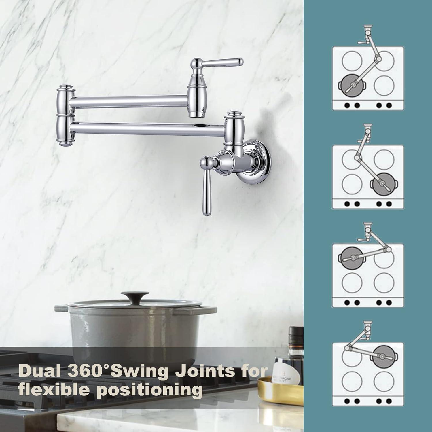 Chrome Wall-Mounted Double Handle Pot Filler Faucet