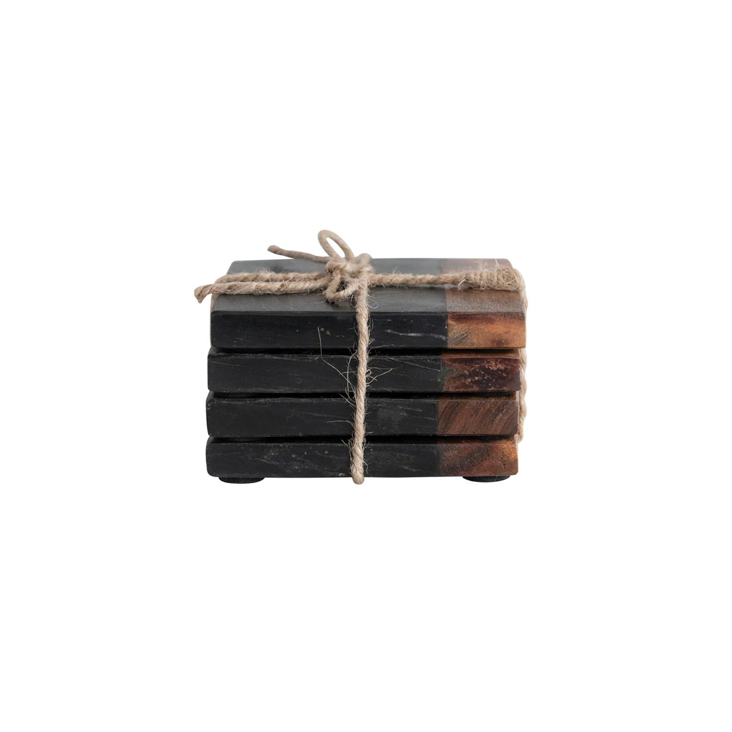 Creative Co-Op Marble and Acacia Wood 2-Tone Coasters, Black and Natural, Set of 4