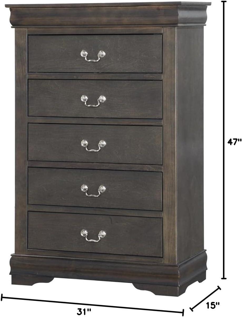 Traditional Style Five Drawer Wooden Chest with Bracket Base, Dark Gray- Saltoro Sherpi