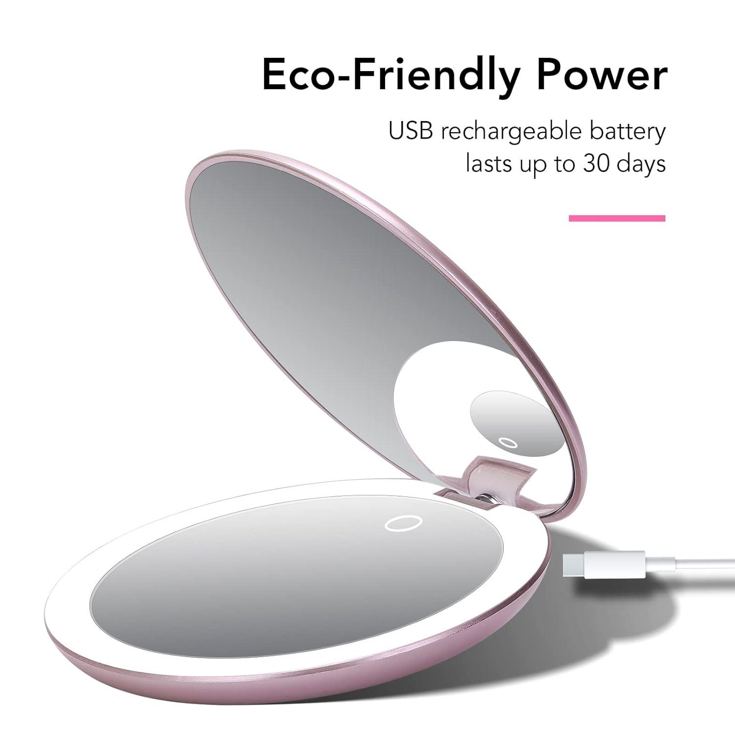 Fancii Taylor LED Lighted Travel Makeup Mirror, Rechargeable with 10x/1x Magnifying & 3 Light Settings - Compact, Portable, Large 5” Wide Hand Mirror for Handbag and Purses (Rose Gold)