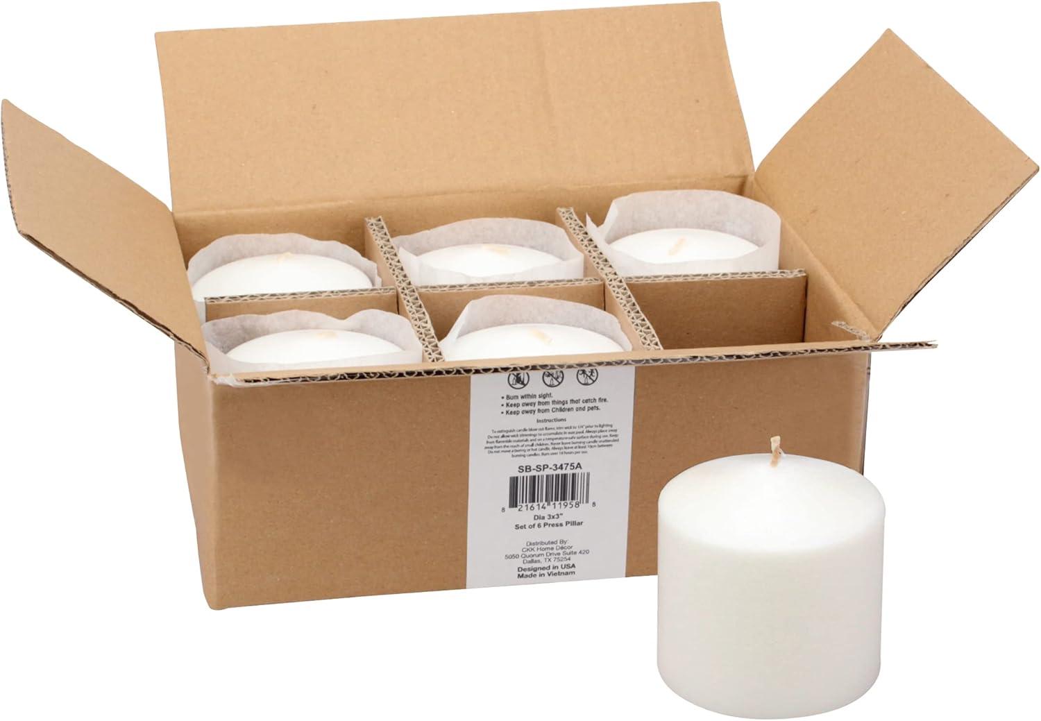 6pk 3" x 3" Pillar Candles White - Stonebriar Collection: Smokeless, Machine-Poured, 18hr Burn Time