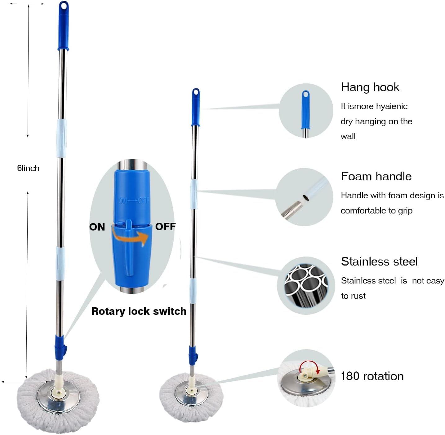 Spin Mop and Bucket with Wringer Set,360°Spin Mop & Bucket Floor Cleaning System Mop Bucket with 61" Adjustable Extended Handle 3 Microfiber Replacement Head Refills