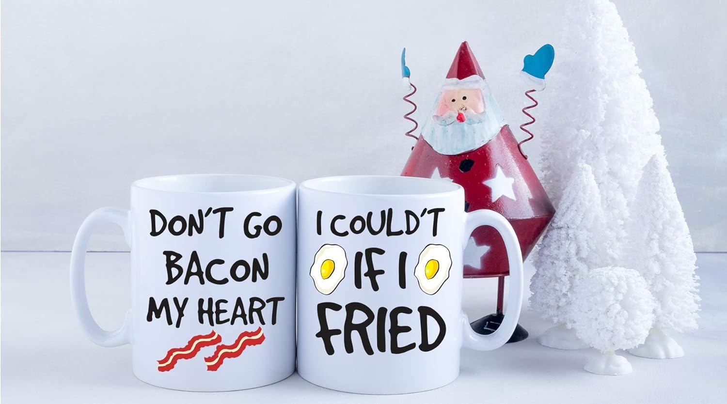 Don't Go Bacon My Heart, Could't If I Fried - Funny Couple Mug - (2) 11OZ Coffee Mug - Funny Mug Gift Set - Mugs For Husband and Wife His And Her Gifts - By