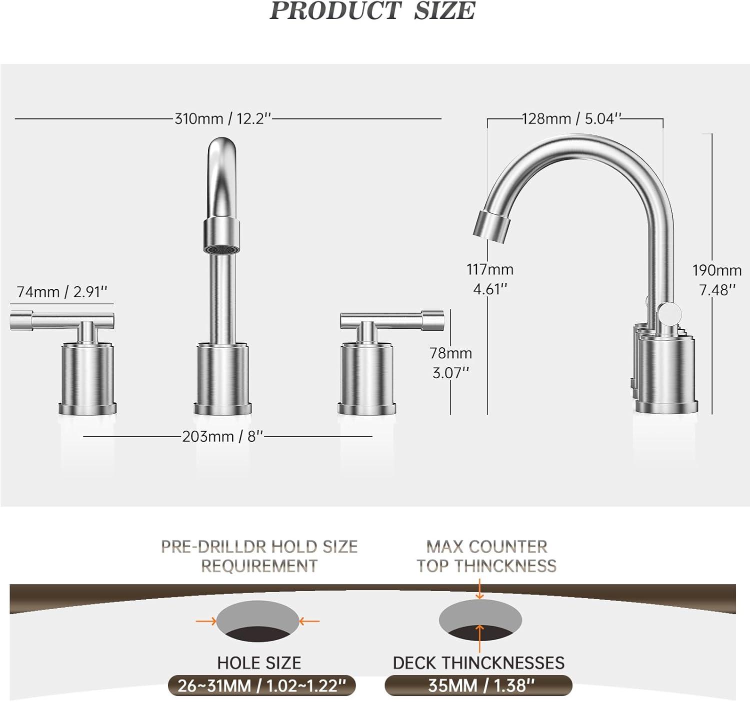 Phiestina 8 Inch Brushed Nickel Bathroom Faucet，3 Holes 2 Handles Widespread Stainless Steel Bathroom Sink Faucet with Metal Pop-Up Drain and Water Supply Lines,WFZY01-BN
