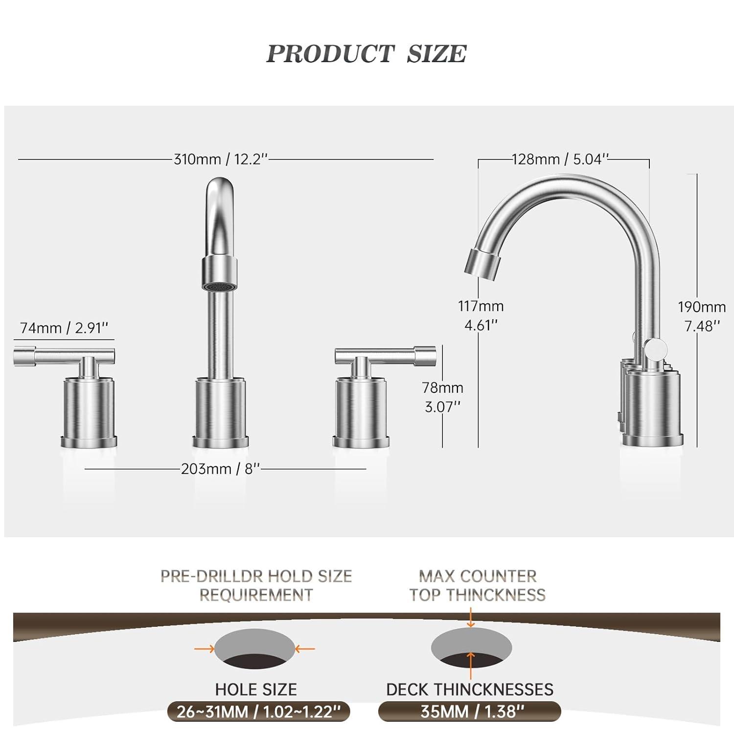 Phiestina 8 Inch Brushed Nickel Bathroom Faucet，3 Holes 2 Handles Widespread Stainless Steel Bathroom Sink Faucet with Metal Pop-Up Drain and Water Supply Lines,WFZY01-BN