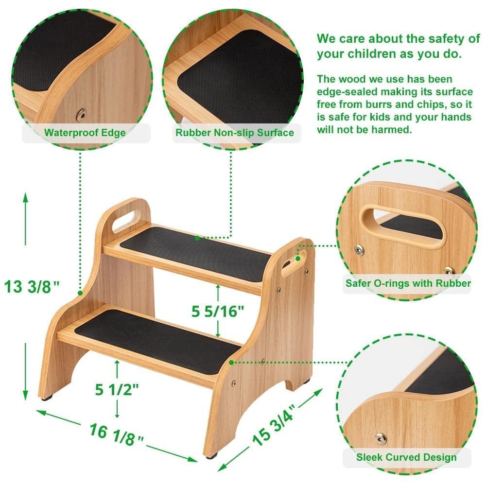 StrongTek Wood 2 Step Stool with Non-Slip Stepping Surface and Portable Handles, Multipurpose Heavy-Duty Support (300 LBS Capacity)