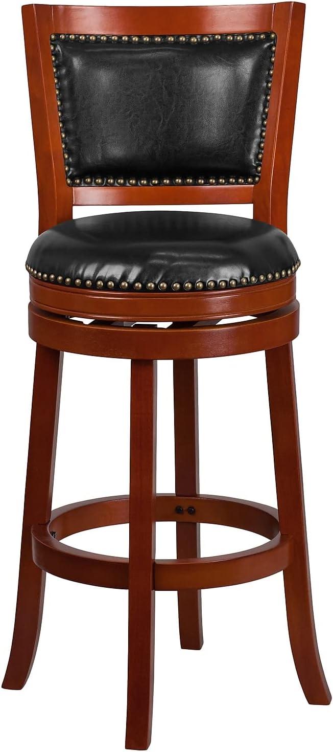 Elegant Light Cherry Wood Barstool with Black Leather Swivel Seat