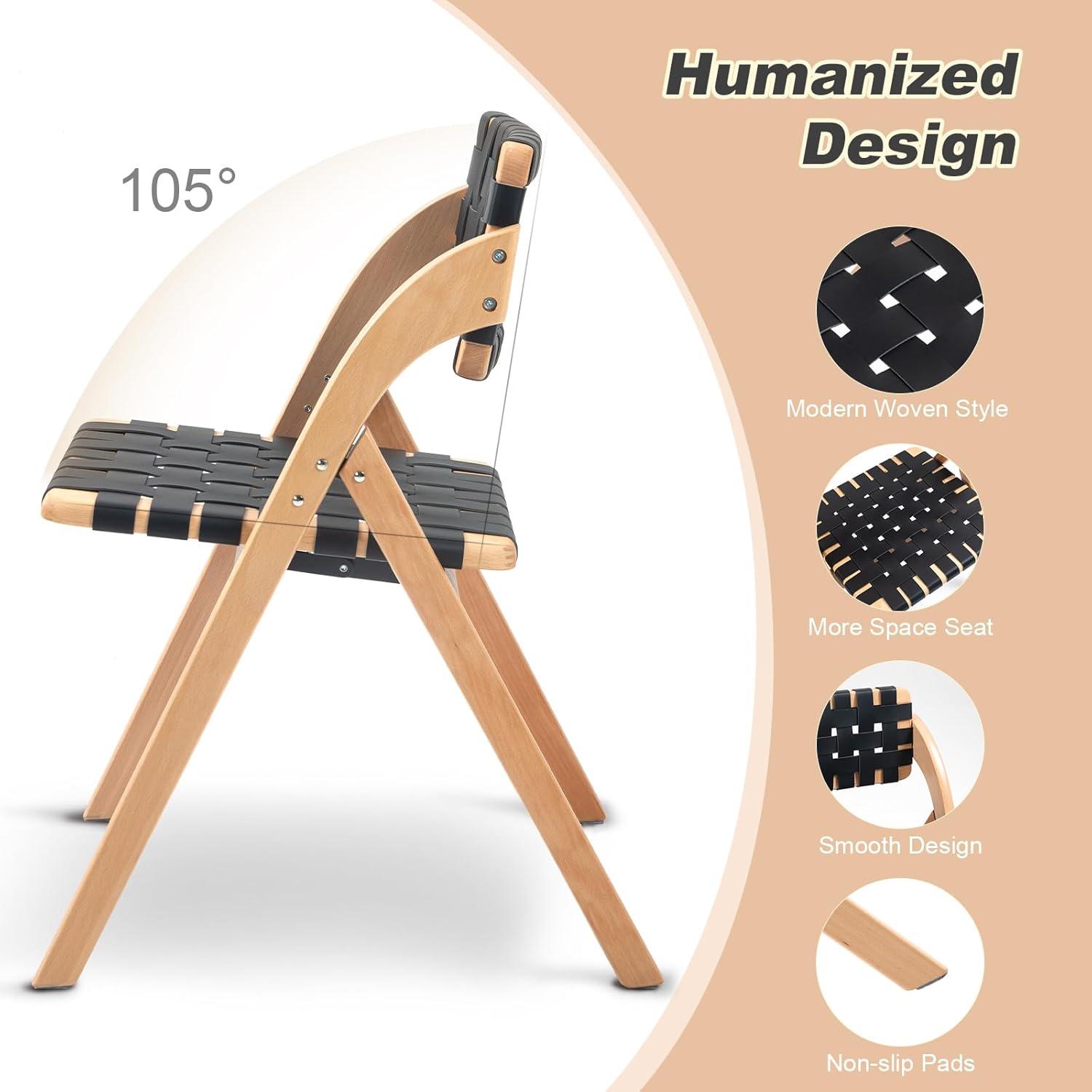 Folding Chairs Set of 2, Wooden Foldable Dining Chairs, Stackable Folding Extra Chair with Breathable Leather-Woven Design for Indoor & Outdoor, Brown