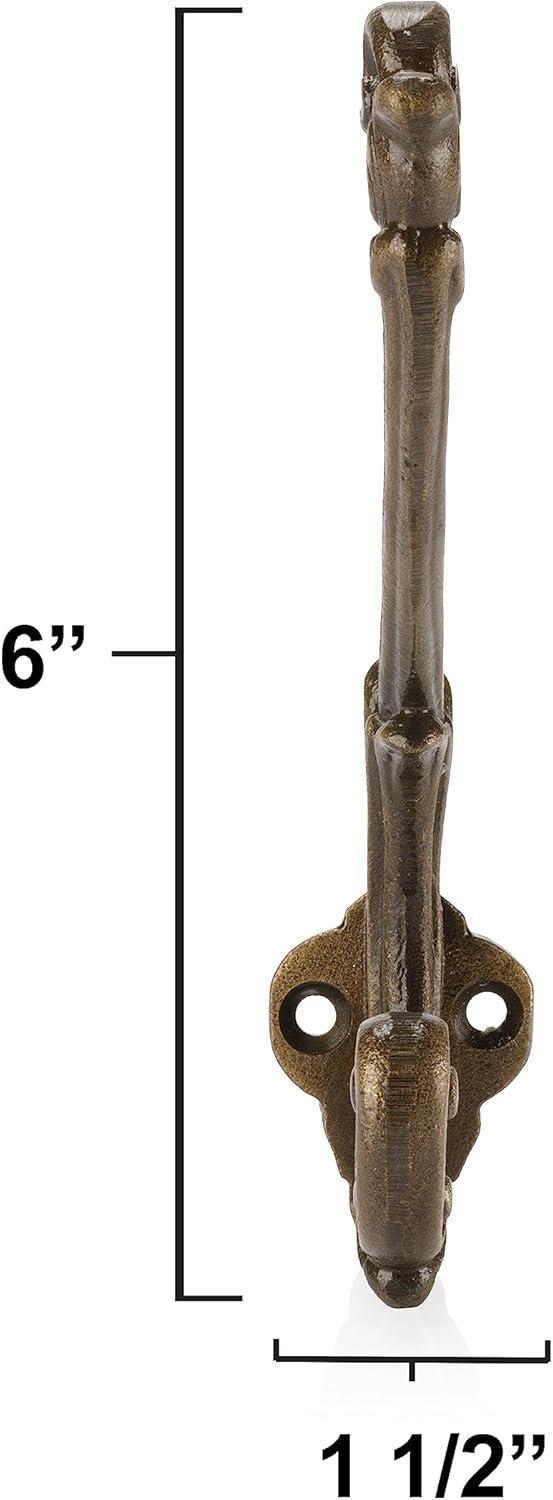 CRAFTSMAN ROAD Vintage Cast Iron Wall Hooks (Antique Brass Finish, Set of 4) - Rustic, Farmhouse, French Country Coat Hooks | Great for Coats, Bags, Towels, Hats | French Slender