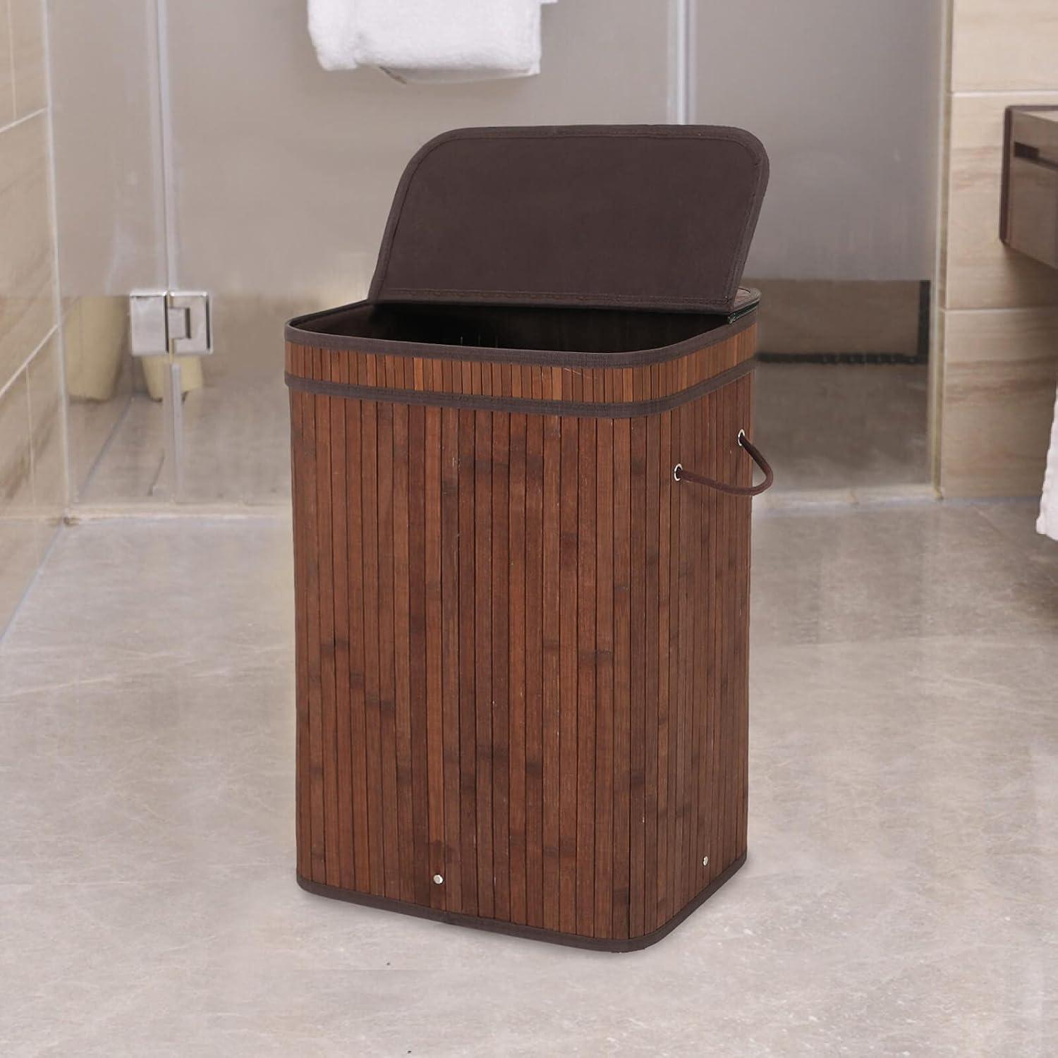 Dark Brown Bamboo Upright Laundry Hamper with Lid