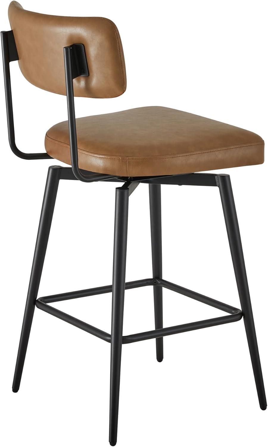 Watson & Whitely Swivel Counter Height Bar Stool Chairs Set of 2, 27.4" Faux Leather Upholstered Counter Stools with Back and Metal Frame, Saddle Brown
