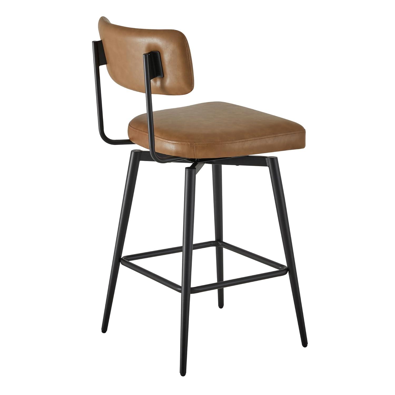 Watson & Whitely Swivel Counter Height Bar Stool Chairs Set of 2, 27.4" Faux Leather Upholstered Counter Stools with Back and Metal Frame, Saddle Brown