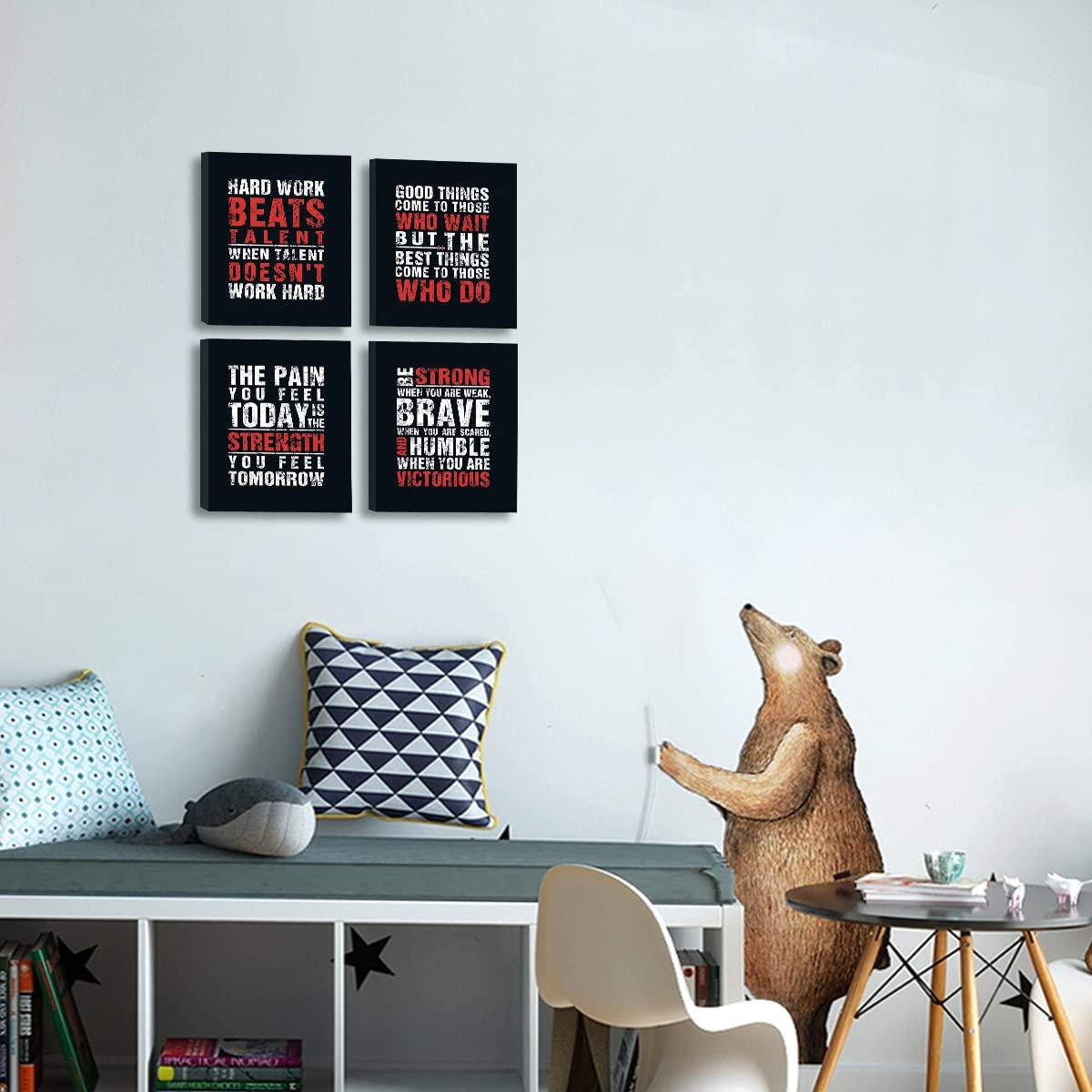 HPNIUB Inspirational Quotes Art Prints, Set of 4 (8”X10”), Chalkboard Motivational GYM Wall Art Poster, Hard Work Painting Be Strong Be Brave Wall Art for Classroom Kids Teens Bedroom Office, No Frame