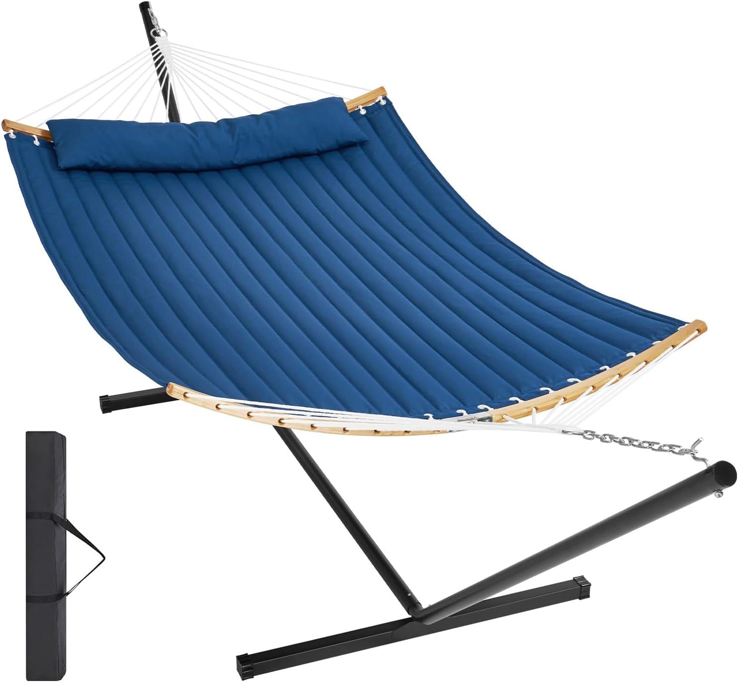 Blue Quilted Fabric Double Hammock with Stand and Pillow