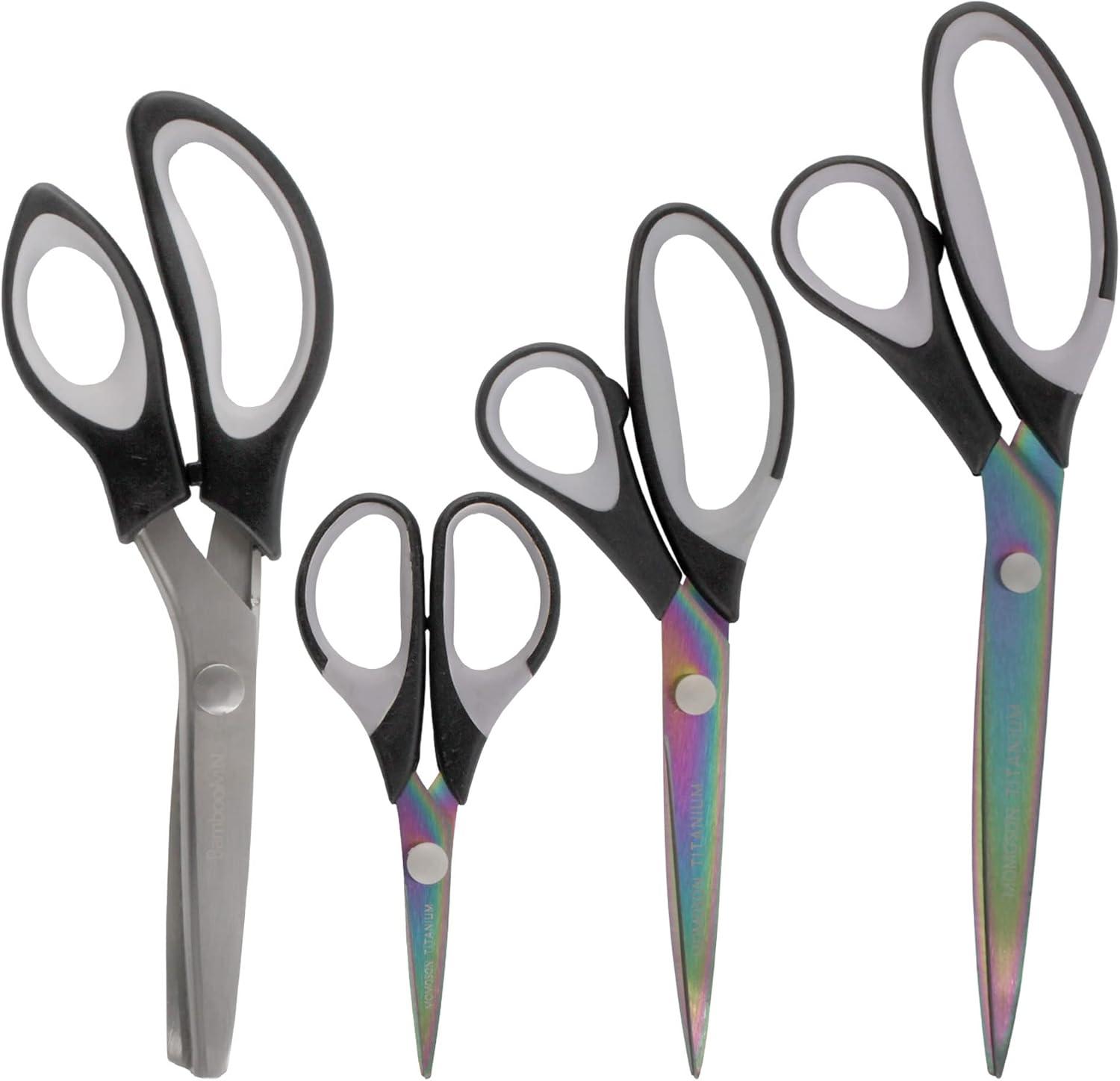 BambooMN Titanium Softgrip Scissors Set - Pinking, Sewing, Arts, Crafts, Office - 1 Set of 4 - Black