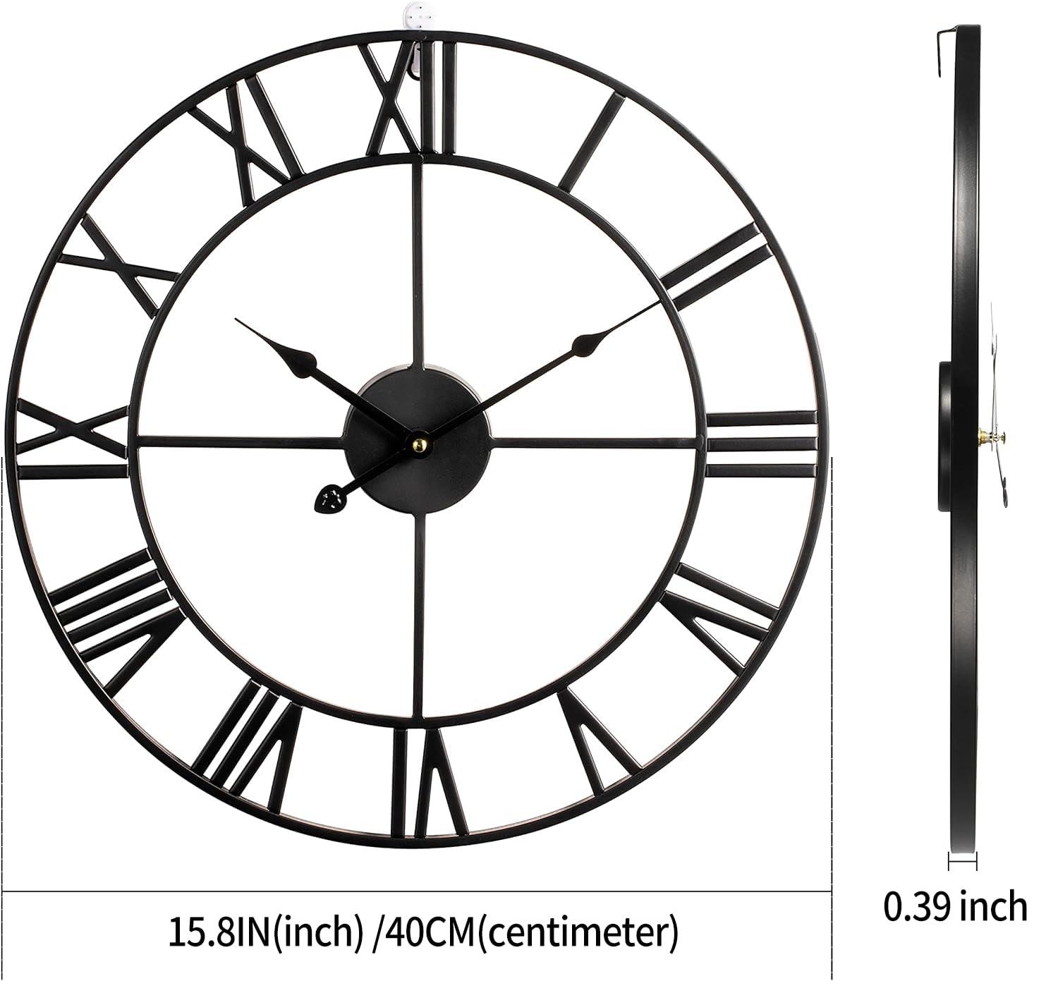 Large Vintage Round Metal Wall Clock Silent Non Ticking Battery Operated Black Roman Numerals Clocks For Living Room Bedroom Kitchen Decoration