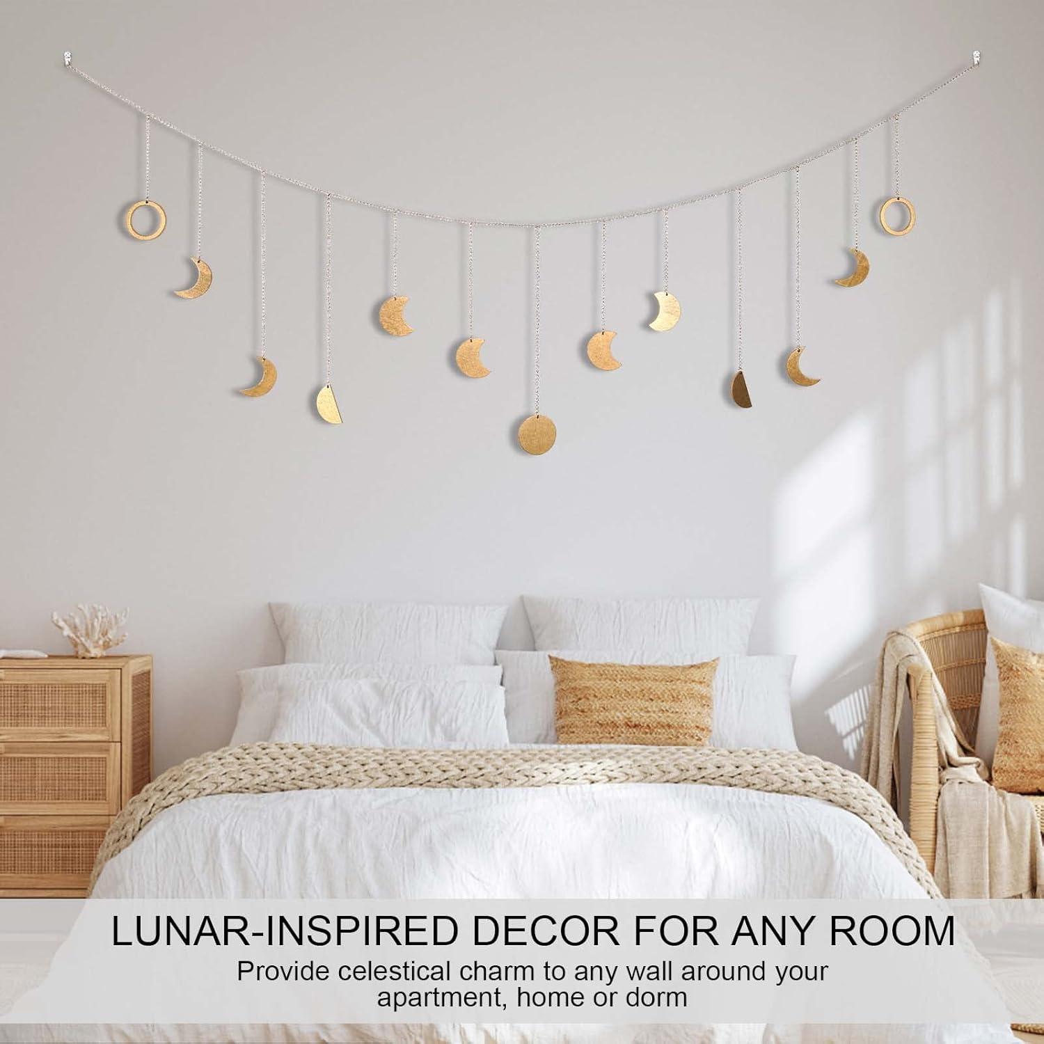 Moon Phase Wall Decor with LED String Light, 13 Gold Wood Boho Wall Hanging Decor Mood Garland 56'' - Celestial Phases Moon Decor in Bohemian Style for Bedroom Home Living Room Independence Day Gifts