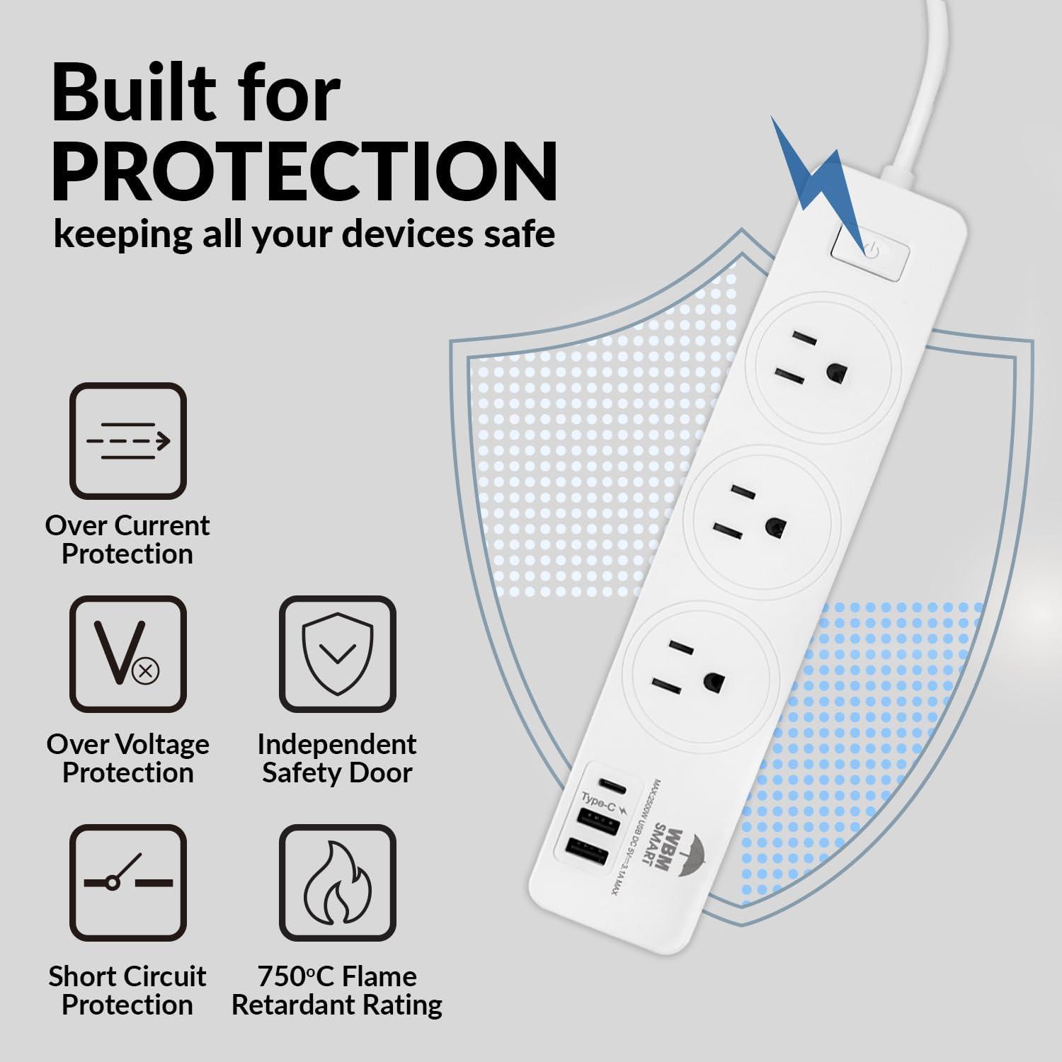 WBM Smart Power Strip 5.9 ft, Extension Cord Socket 10 A with 2 USB Ports and 1 Type C