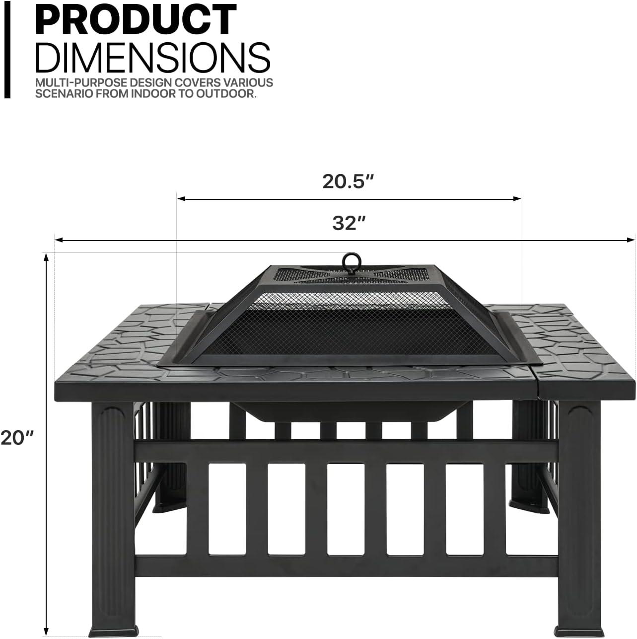 MoNiBloom 32" Fire Pit for Outside, Wood Burning Fire Pit Table with Screen Lid, Poker and Log Grate, Outdoor Fire Pit for Backyard Patio Garden, Black