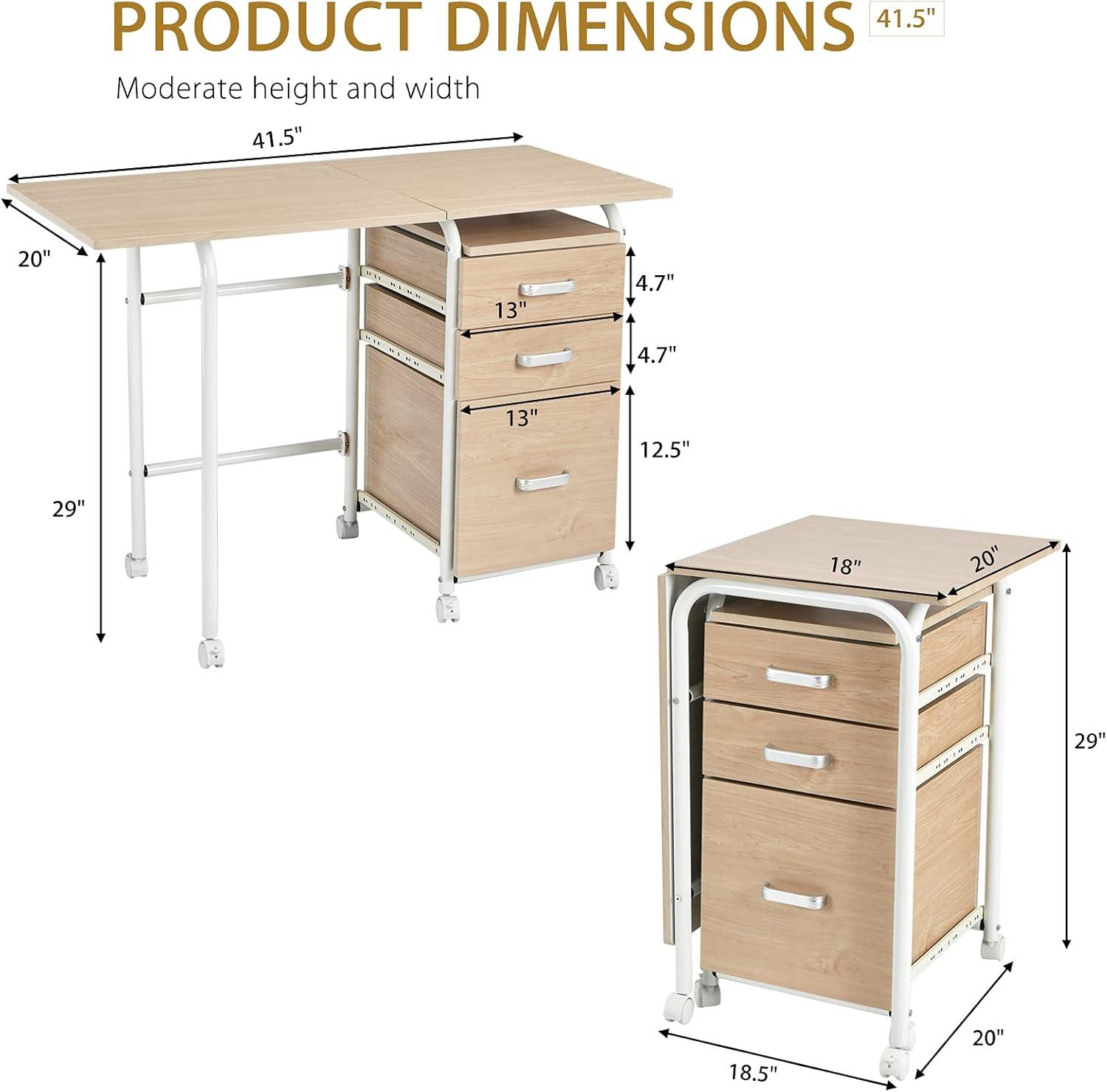 Gymax Folding Computer Laptop Desk Wheeled Home Office Furniture With 3 Drawers