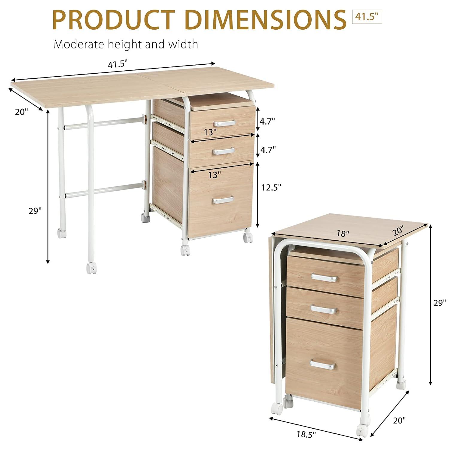 Gymax Folding Computer Laptop Desk Wheeled Home Office Furniture With 3 Drawers