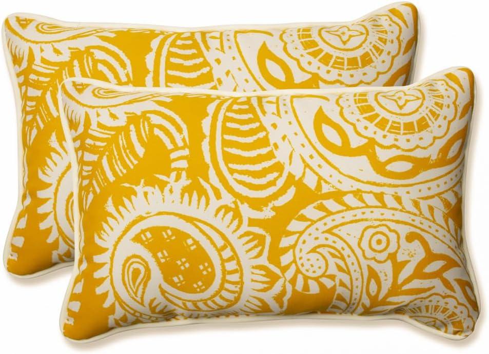 Addie Yellow and Off-White Paisley Outdoor/Indoor Lumbar Pillows, Set of 2