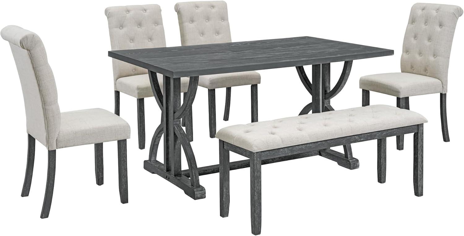 Gray Wash 6-Piece Retro Dining Set with Upholstered Chairs and Bench