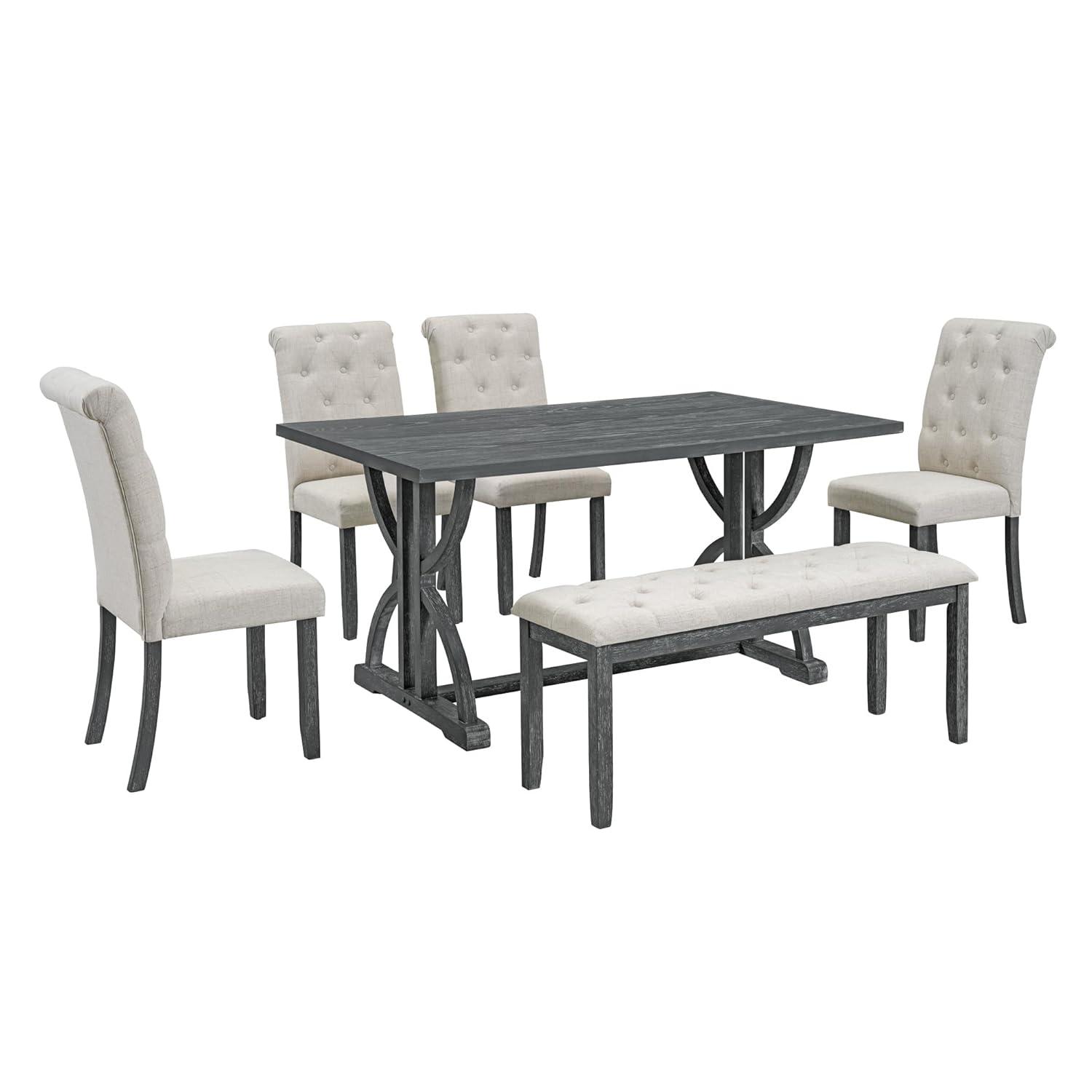 6-Piece Retro Dining Table Set, Rubber Wood Rectangular Table with Unique Legs and 4 Upholstered Chairs & 1 Bench for Dining Room and Kitchen (Gray Wash)
