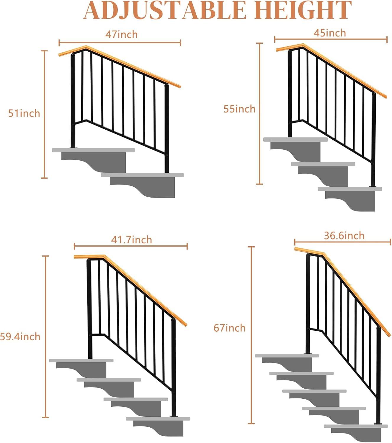 HLL Handrails for Outdoor Steps, Black Wrought Iron Handrail Fits 4 or 5 Steps, Transitional Handrail with Installation Kit, Stair Railing for Concrete Steps or Wooden Stairs
