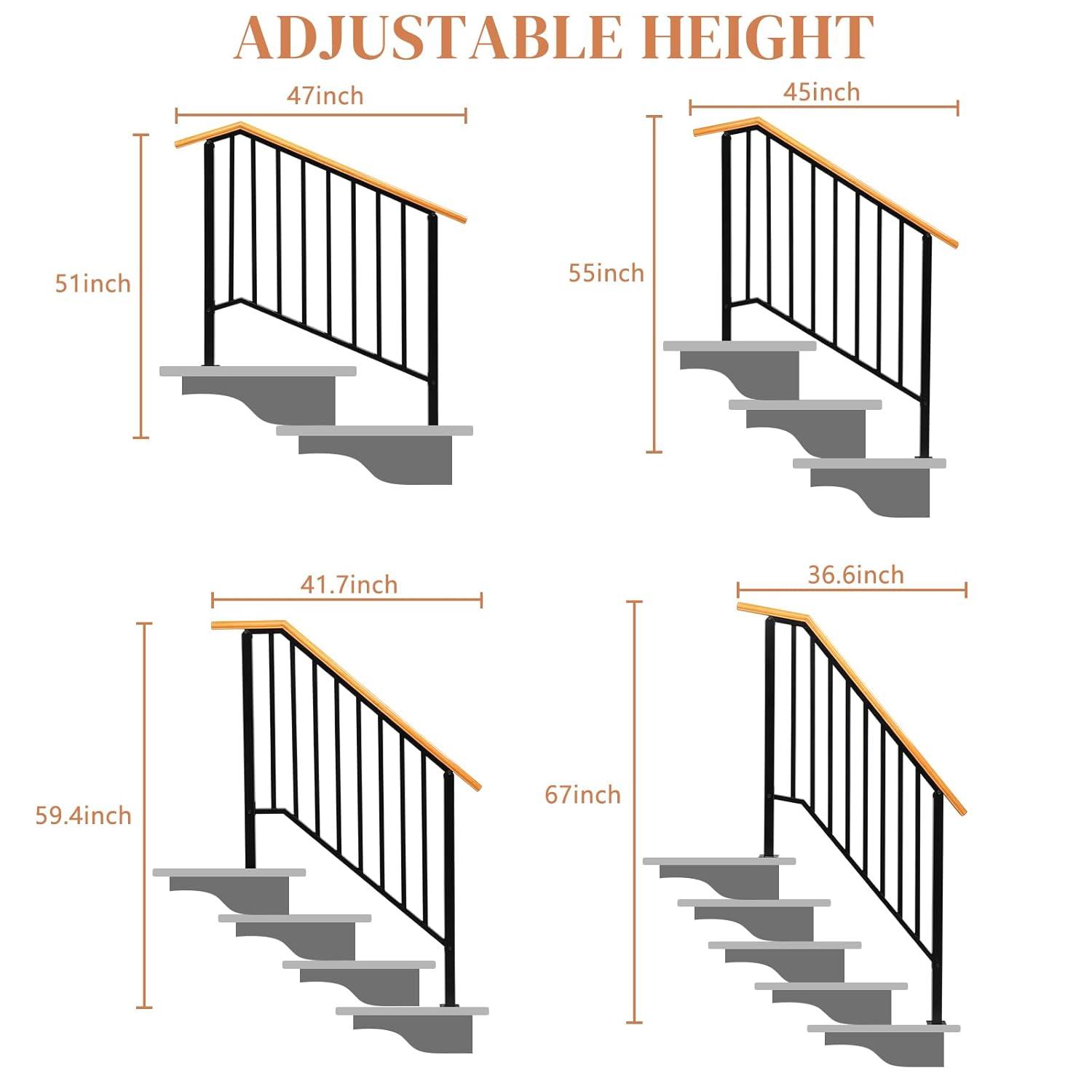 HLL Handrails for Outdoor Steps, Black Wrought Iron Handrail Fits 4 or 5 Steps, Transitional Handrail with Installation Kit, Stair Railing for Concrete Steps or Wooden Stairs