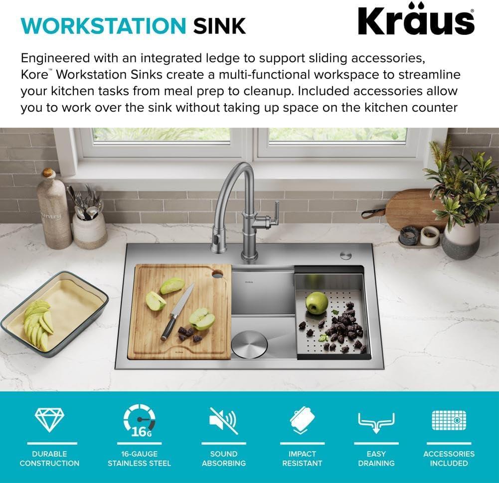 KRAUS Kore™ Workstation 32-inch L Drop-In Single Bowl Stainless Steel Kitchen Sink with Accessories (Pack of 5)