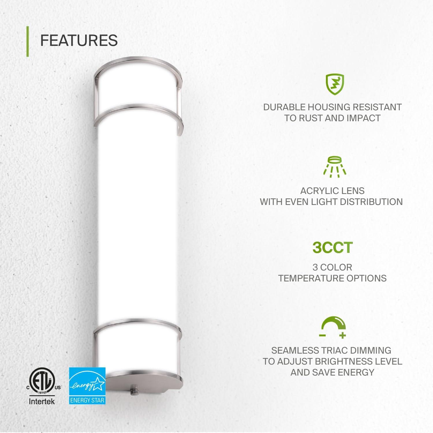 ASD LED 24 Inch Wall Mount Vanity Lighting Fixture | 25W 1950LM 3000K-5000K 120V | 3CCT, Dimmable, Energy Star, ETL Listed | Bathroom Linear Light Bar, Long Tube Bath Sconce | Nickel