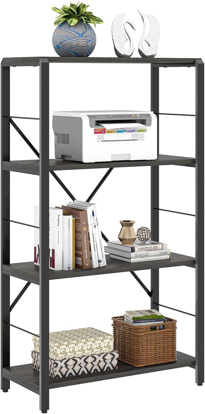 FOLUBAN Industrial Bookshelf and Bookcase, 4 Tier Open Display Storage Book Shelf and Book Case, Rustic Wood and Metal Shelving Unit for Bedroom Living Room Office, Dark Gray