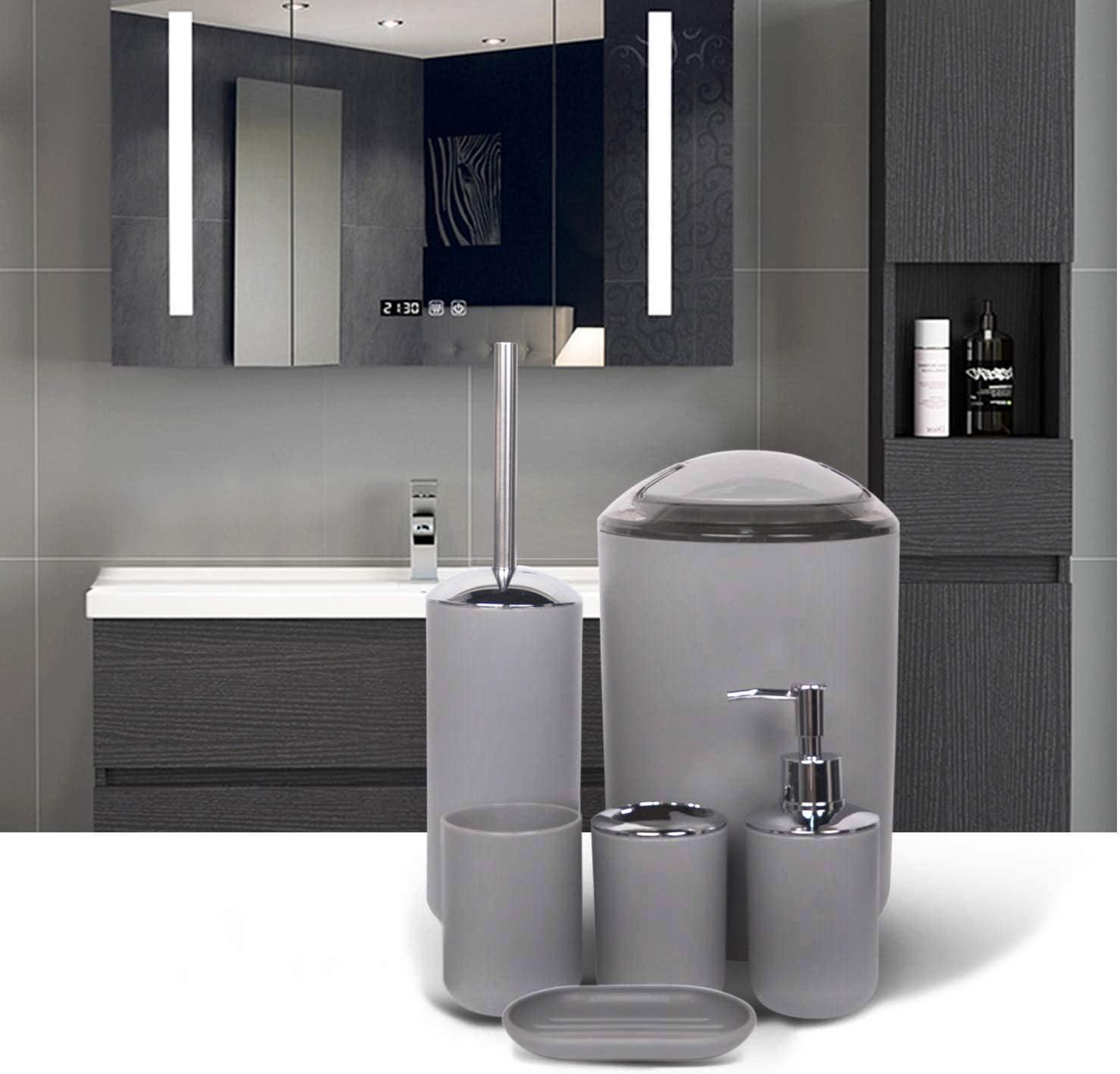 CERBIOR Bathroom Accessories Set Bath Ensemble Includes Soap Dispenser, Toothbrush Holder, Tumbler, Soap Dish for Decorative Countertop and Housewarming Gift (Grey)