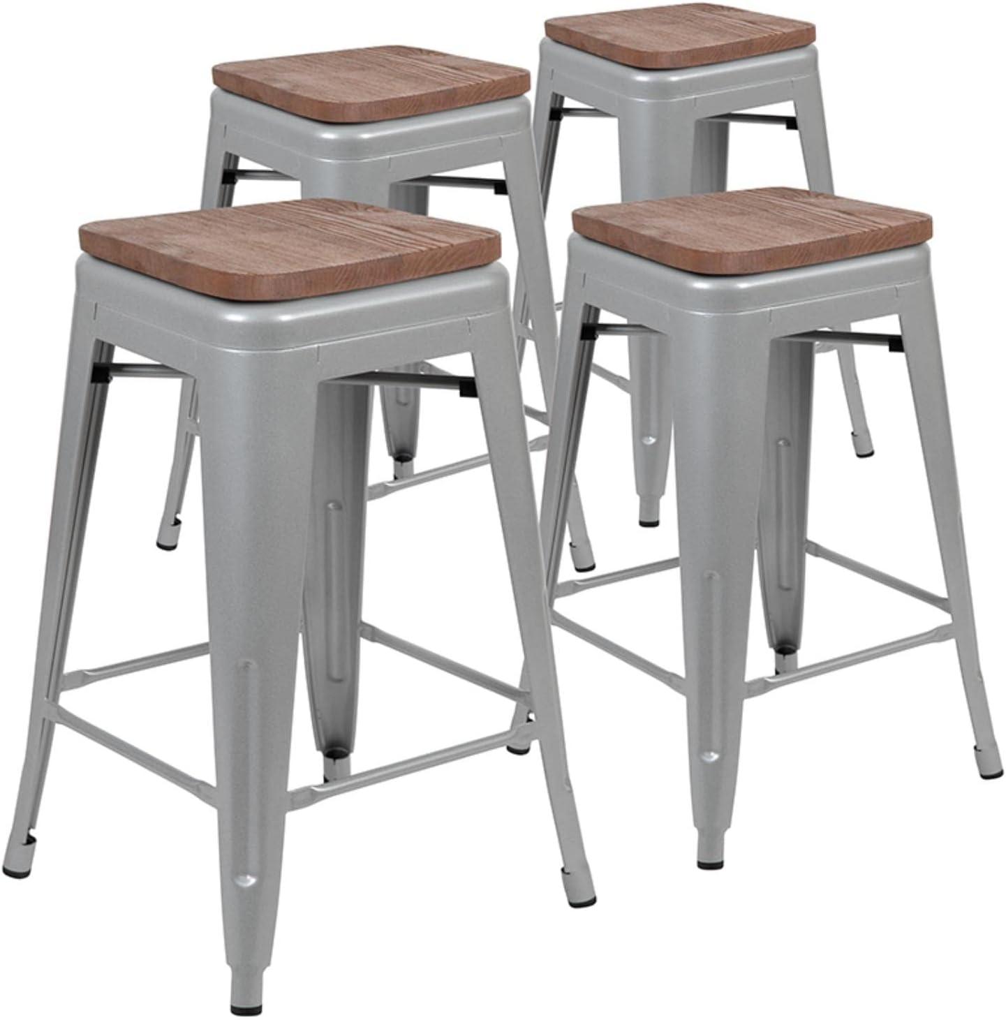 Flash Furniture 24" High Metal Counter-Height, Indoor Bar Stool with Wood Seat in Silver - Stackable Set of 4